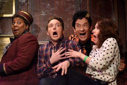 SATURDAY NIGHT LIVE -- "Tom Hanks" Episode 1708 -- Pictured: (l-r) Kenan Thompson, Beck Bennett, Tom Hanks as David Pumpkins, and Kate McKinnon during the "Haunted Elevator" sketch on October 22, 2016 -- (Photo by: Will Heath/NBC)