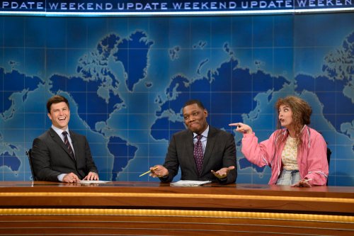 SATURDAY NIGHT LIVE -- "Margot Robbie" Episode 1705 -- Pictured: (l-r) Colin Jost, Michael Che, and Cecily Strong as Cathy Ann during Weekend Update on October 1, 2016 -- (Photo by: Will Heath/NBC)